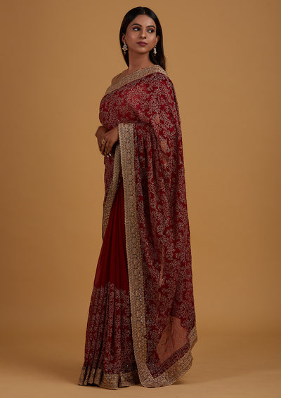 Maroon Zariwork Shimmer Saree - Koskii