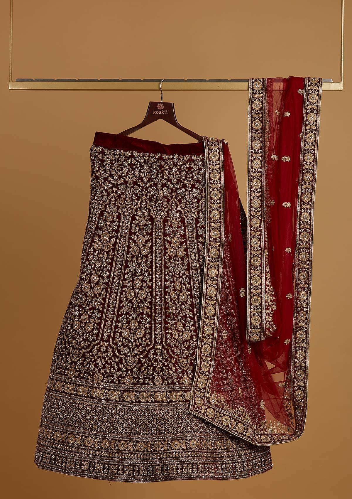 Maroon Zariwork Velvet Designer Semi-Stitched Lehenga - koskii