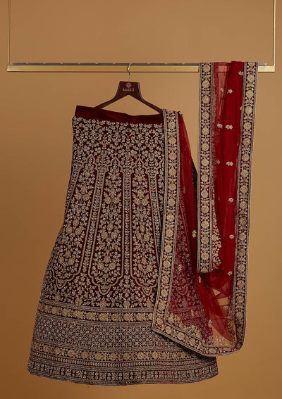 Maroon Zariwork Velvet Designer Semi-Stitched Lehenga - koskii