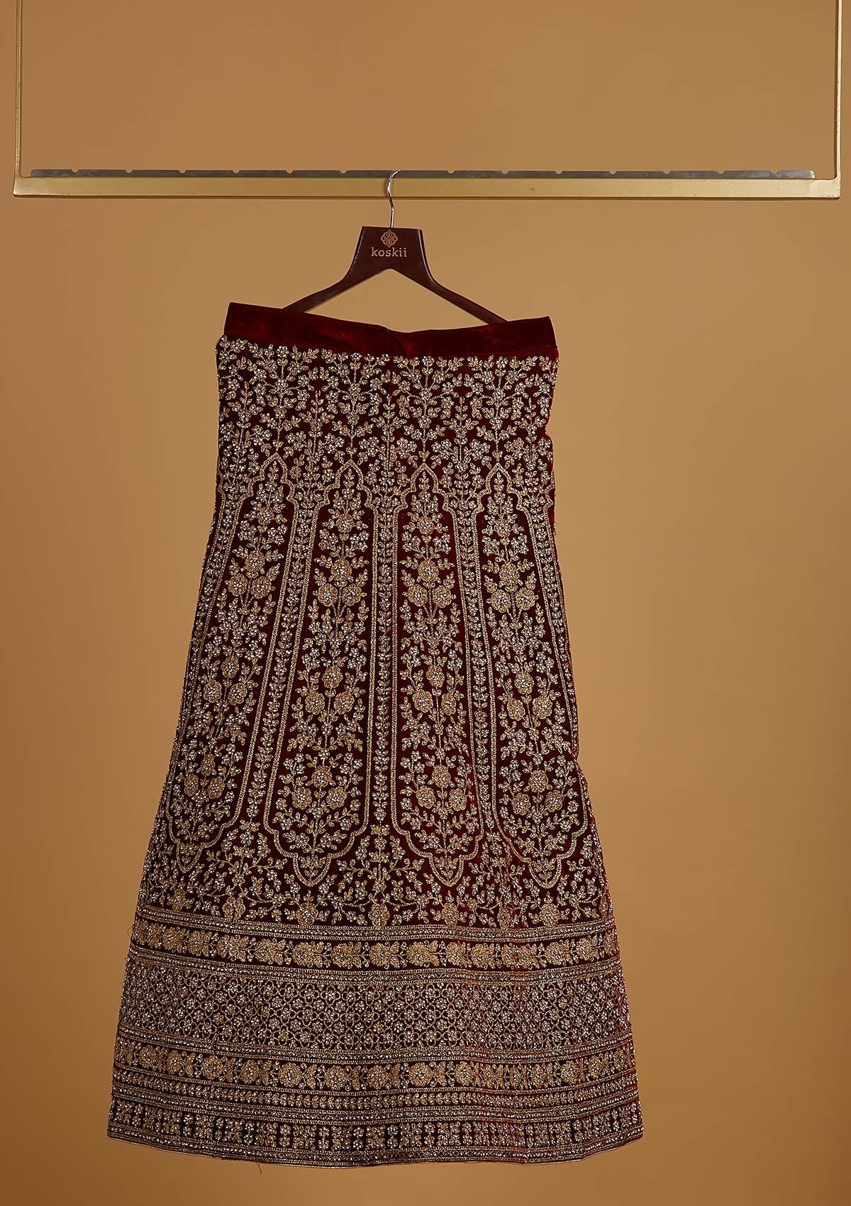 Maroon Zariwork Velvet Designer Semi-Stitched Lehenga - koskii