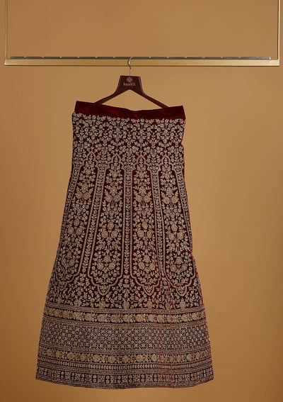 Maroon Zariwork Velvet Designer Semi-Stitched Lehenga - koskii