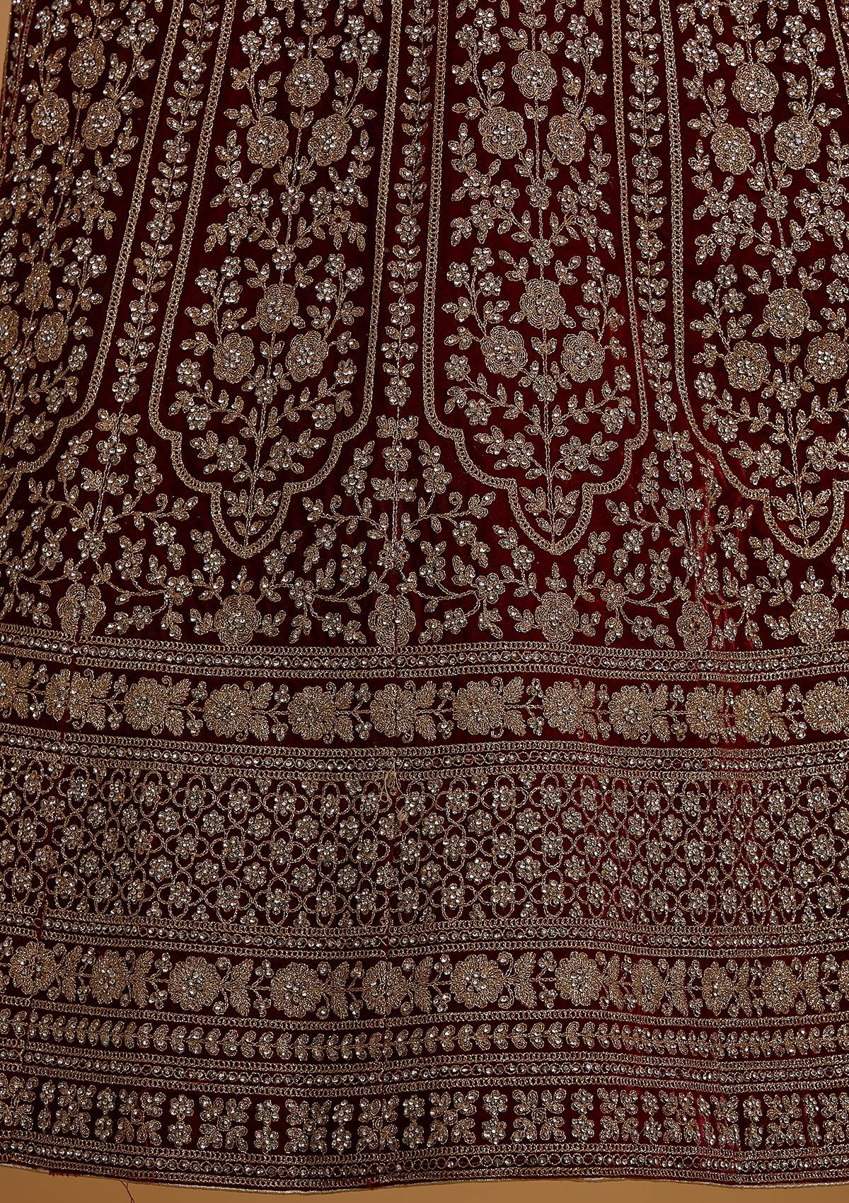 Maroon Zariwork Velvet Designer Semi-Stitched Lehenga - koskii