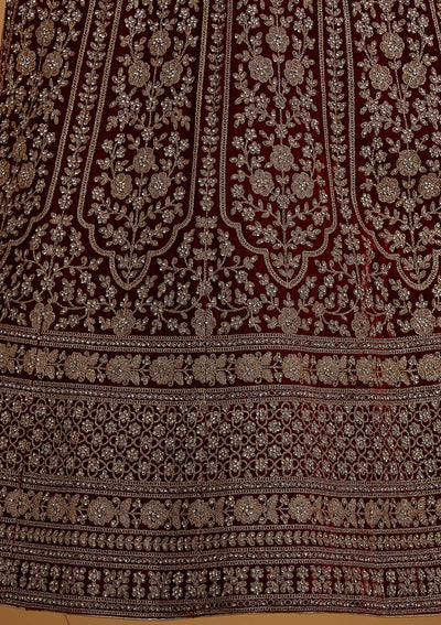 Maroon Zariwork Velvet Designer Semi-Stitched Lehenga - koskii