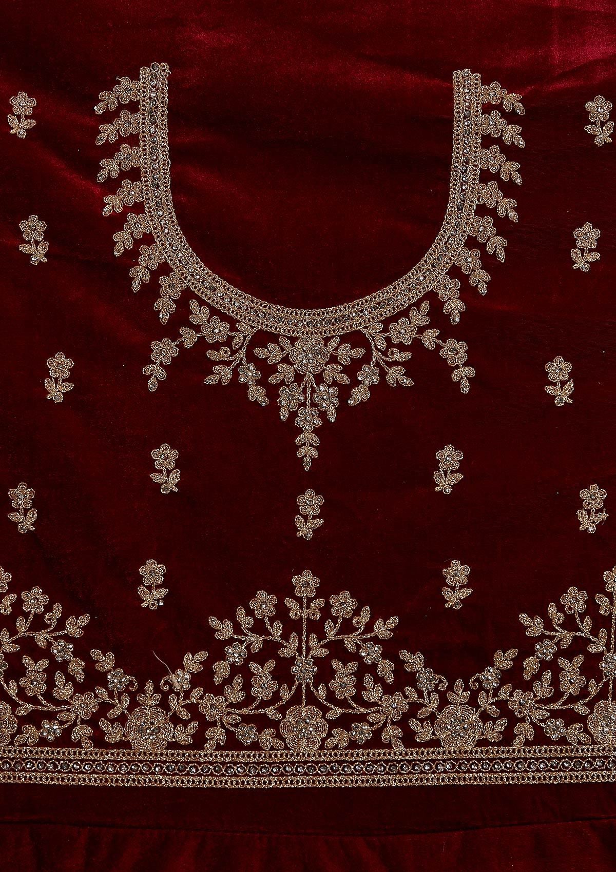 Maroon Zariwork Velvet Designer Semi-Stitched Lehenga - koskii
