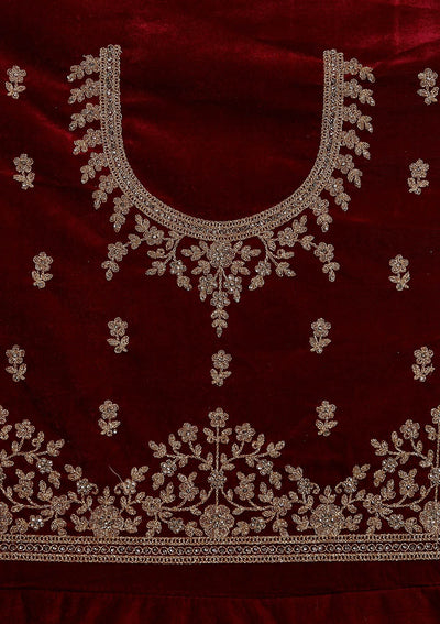 Maroon Zariwork Velvet Designer Semi-Stitched Lehenga - koskii
