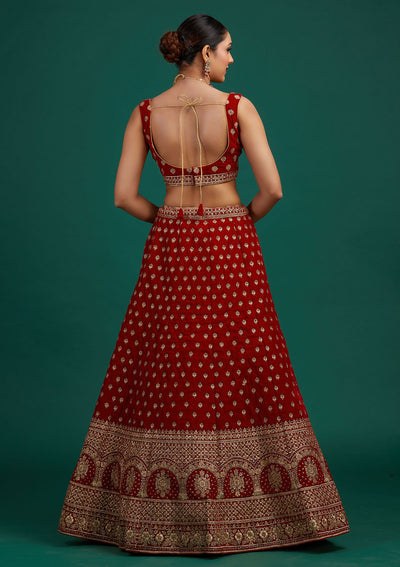Maroon Zariwork Velvet Designer Semi-Stitched Lehenga - Koskii