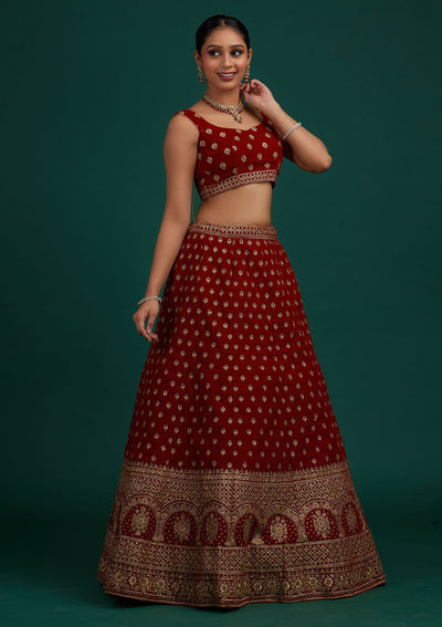 Maroon Zariwork Velvet Designer Semi-Stitched Lehenga - Koskii