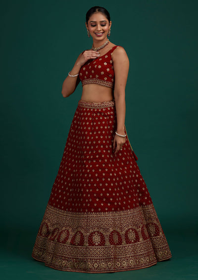 Maroon Zariwork Velvet Designer Semi-Stitched Lehenga - Koskii