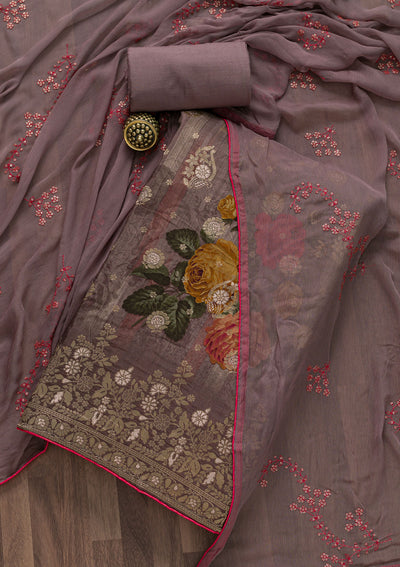 Mauve Printed Semi Crepe Unstitched Salwar Suit-Koskii