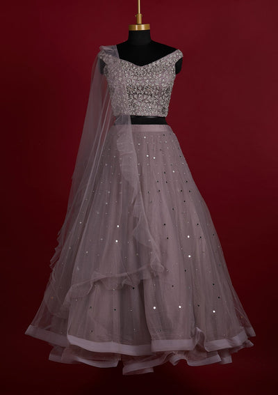 Mauve Silver Stonework Net Designer Lehenga - Koskii