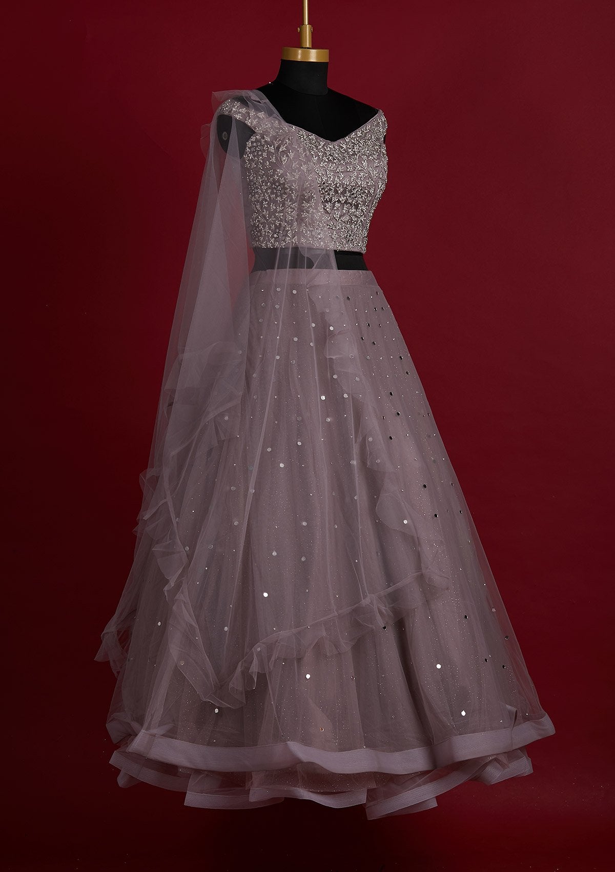 Mauve Silver Stonework Net Designer Lehenga - Koskii