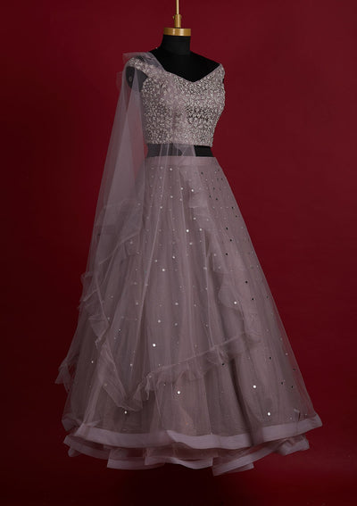 Mauve Silver Stonework Net Designer Lehenga - Koskii