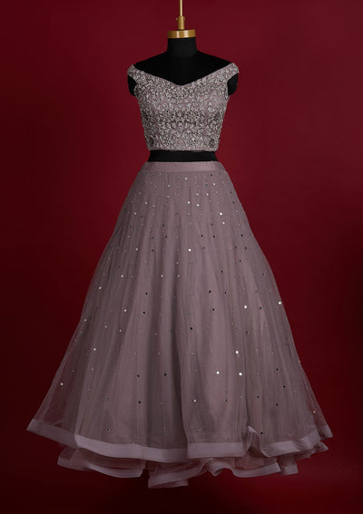 Mauve Silver Stonework Net Designer Lehenga - Koskii