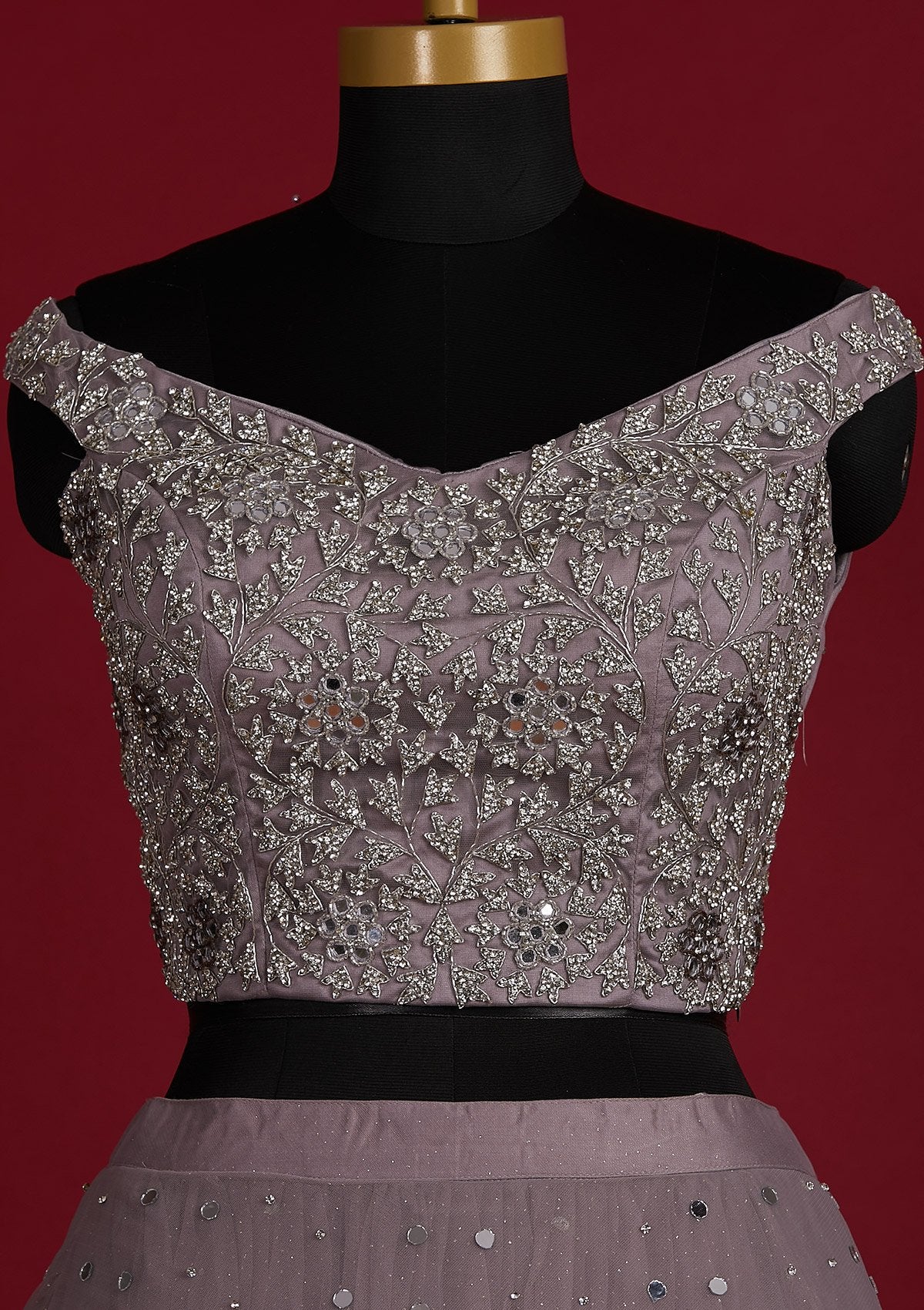 Mauve Silver Stonework Net Designer Lehenga - Koskii