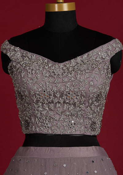 Mauve Silver Stonework Net Designer Lehenga - Koskii