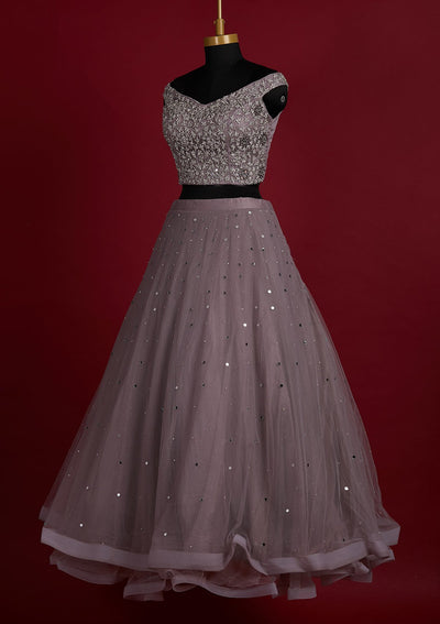 Mauve Silver Stonework Net Designer Lehenga - Koskii