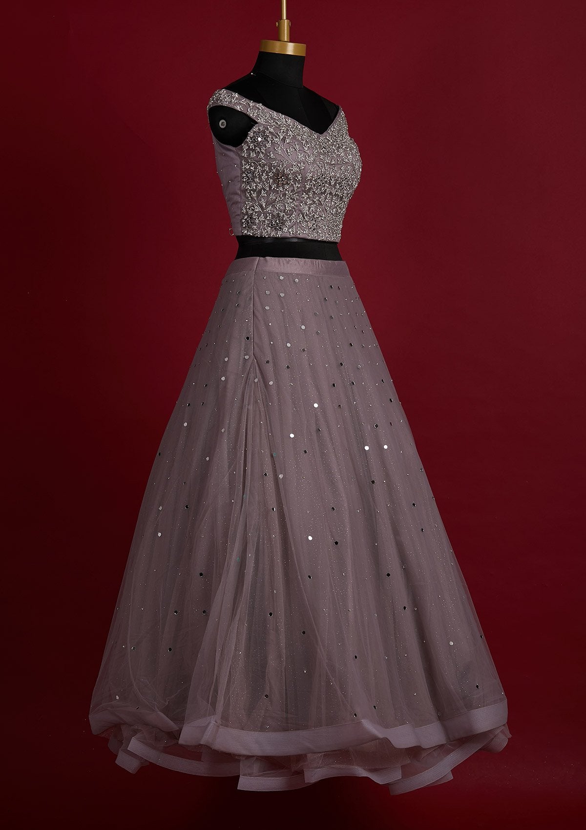 Mauve Silver Stonework Net Designer Lehenga - Koskii