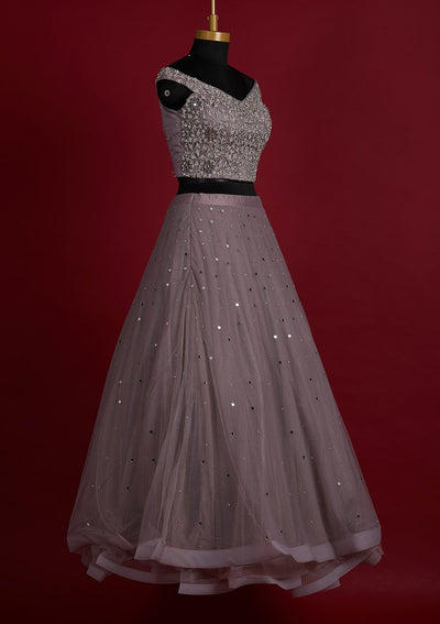 Mauve Silver Stonework Net Designer Lehenga - Koskii