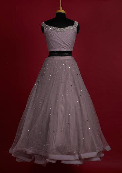 Mauve Silver Stonework Net Designer Lehenga - Koskii