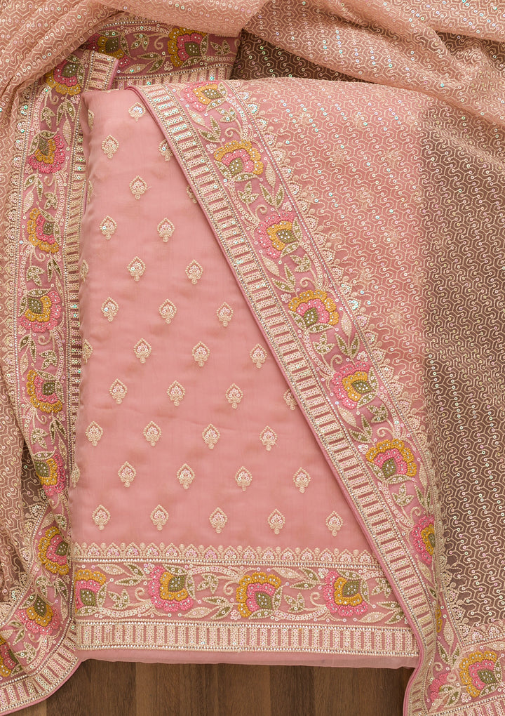 Mauve Threadwork Chiffon Unstitched Salwar Suit-Koskii