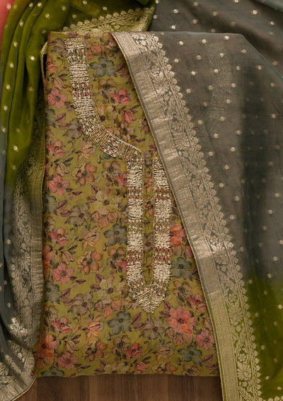Mehendi Printed Organza Unstitched Salwar Suit-Koskii