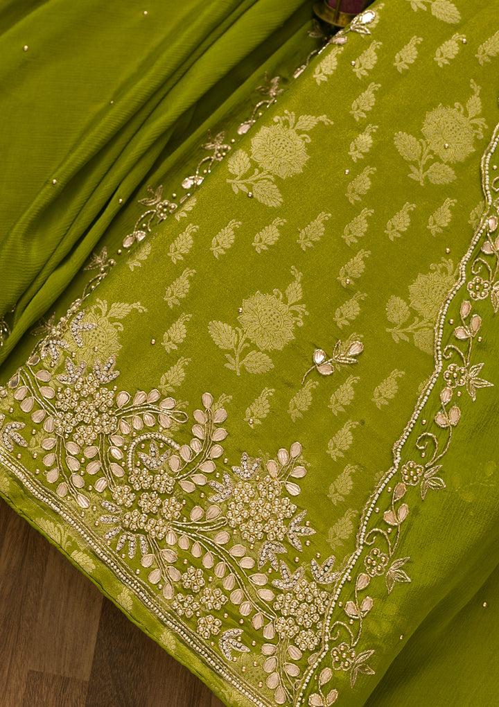 Mehendi Gotapatti Brocade Unstitched Salwar Suit-Koskii