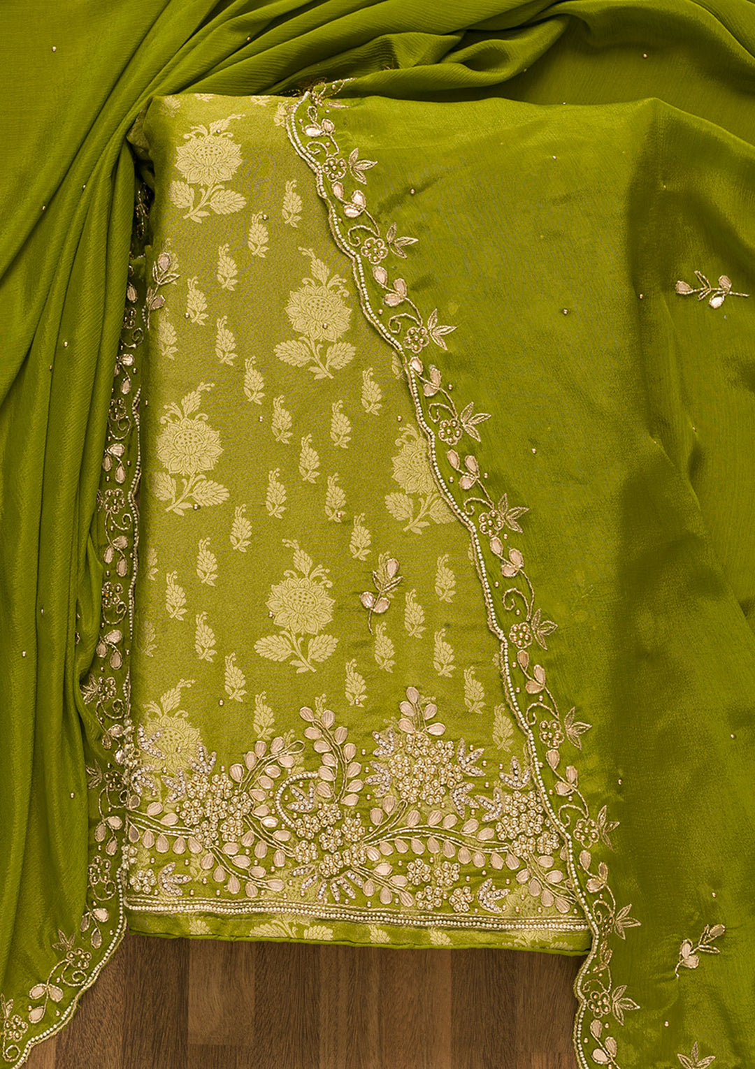 Mehendi Gotapatti Brocade Unstitched Salwar Suit-Koskii