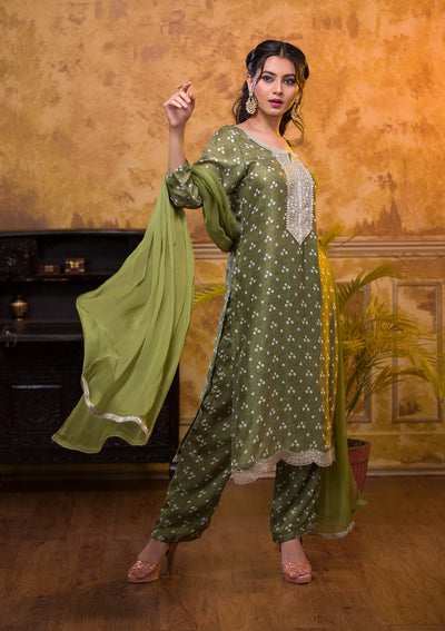 Mehendi Bandhani Semi Crepe Readymade Salwar Suit-Koskii
