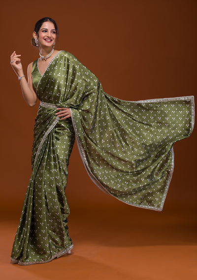 Mehendi Bandhani Satin Saree-Koskii