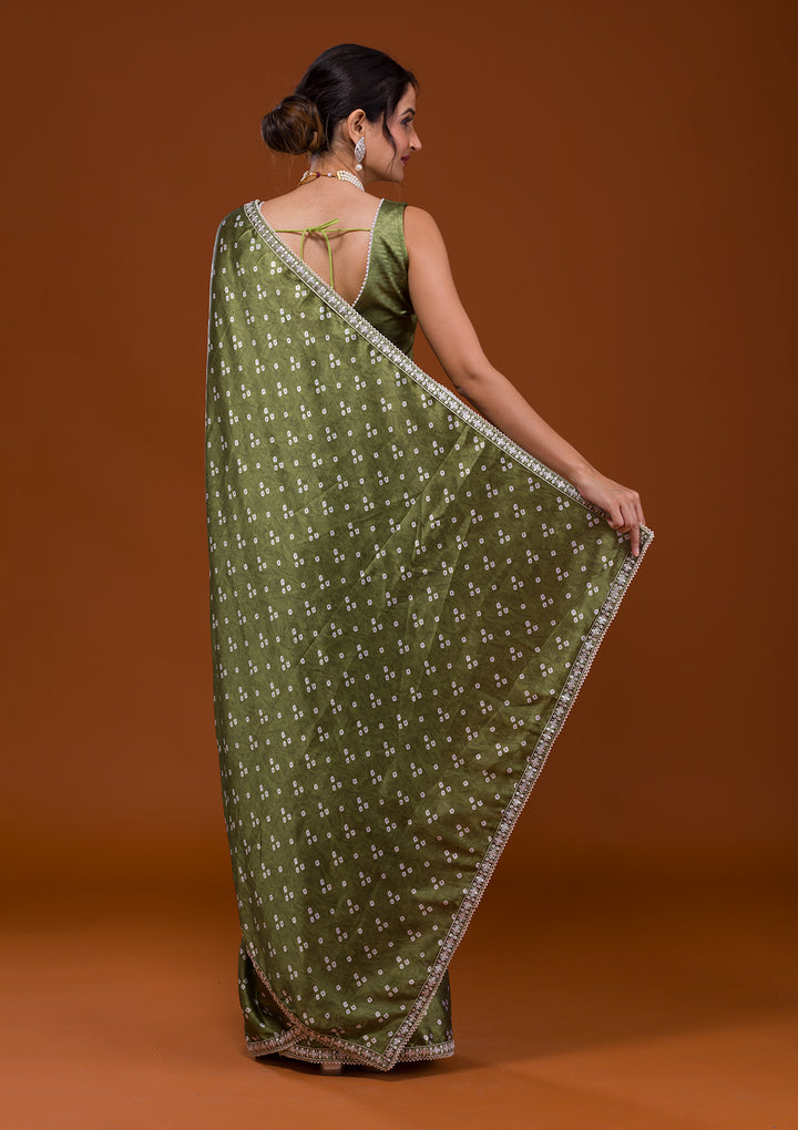 Mehendi Bandhani Satin Saree-Koskii