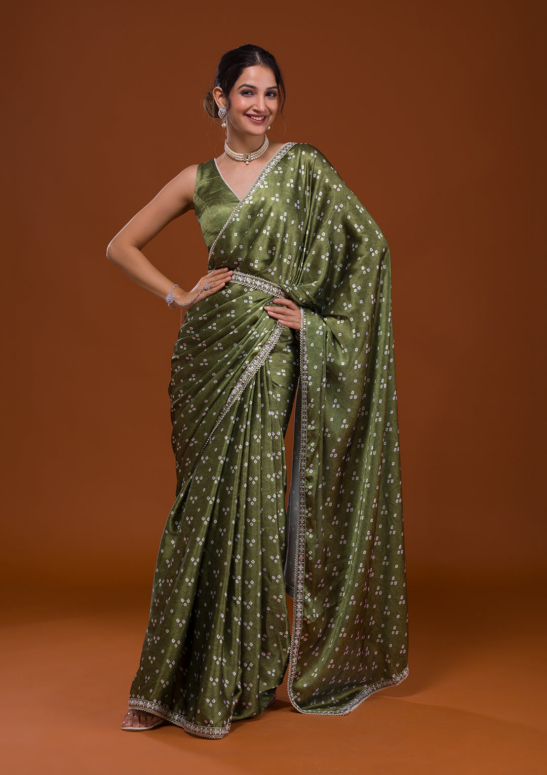 Mehendi Bandhani Satin Saree-Koskii