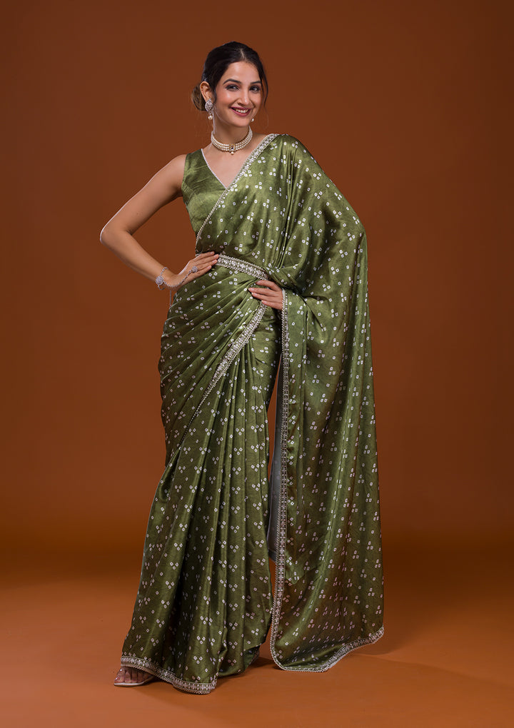 Mehendi Bandhani Satin Saree-Koskii