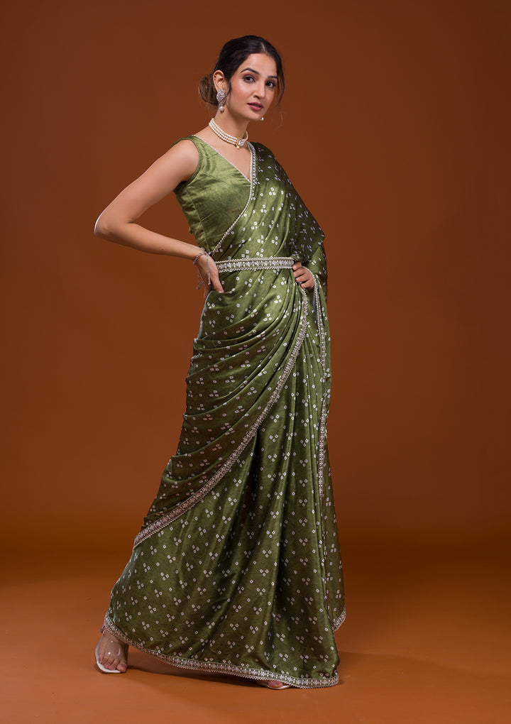 Mehendi Bandhani Satin Saree-Koskii