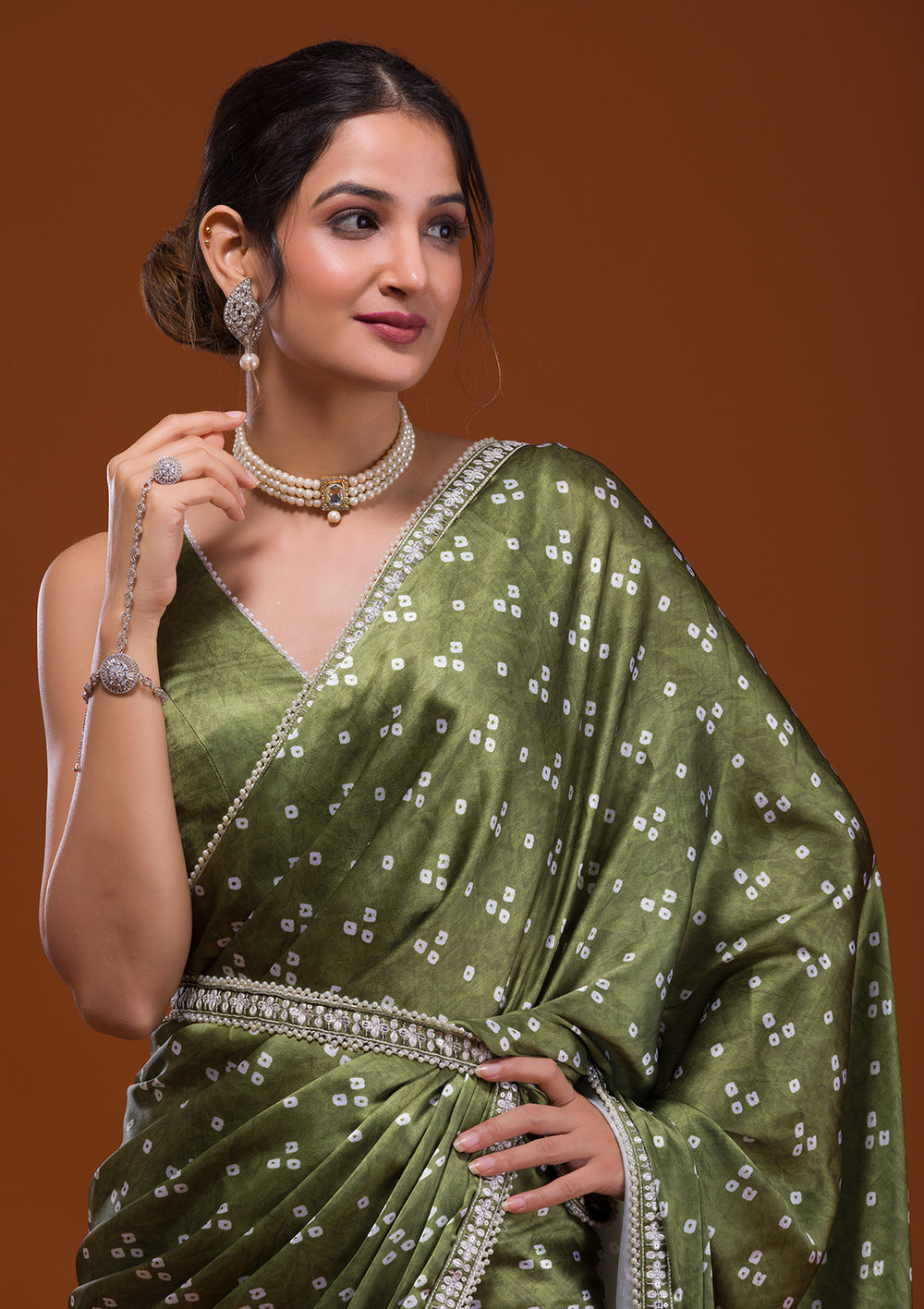 Mehendi Bandhani Satin Saree-Koskii