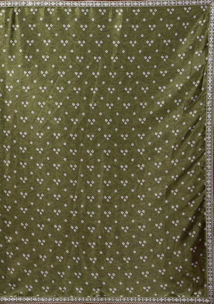 Mehendi Bandhani Satin Saree-Koskii