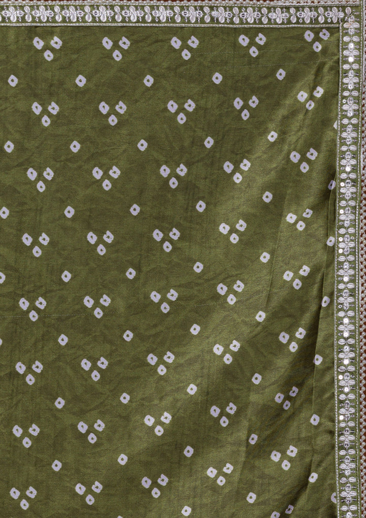 Mehendi Bandhani Satin Saree-Koskii