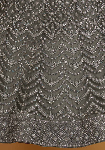 Mehendi Silver Stonework Net Designer Semi-Stitched Lehenga - Koskii