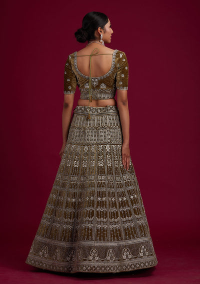 Mehendi Silver Stonework Velvet Designer Semi-Stitched Lehenga - koskii