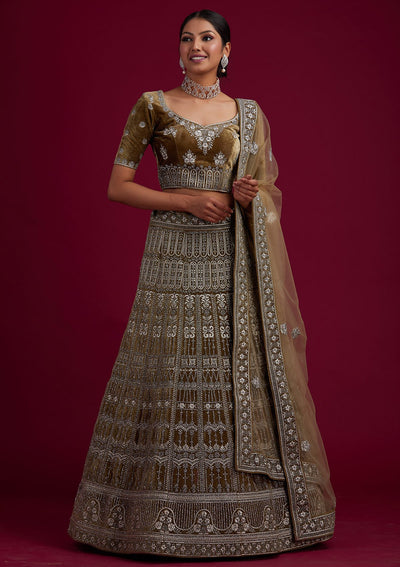 Mehendi Silver Stonework Velvet Designer Semi-Stitched Lehenga - koskii