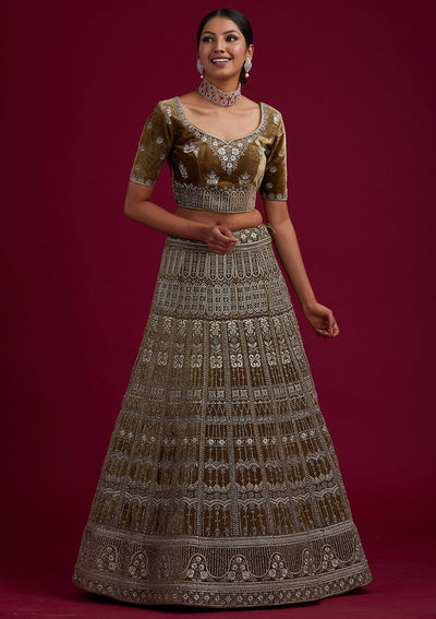 Mehendi Silver Stonework Velvet Designer Semi-Stitched Lehenga - koskii