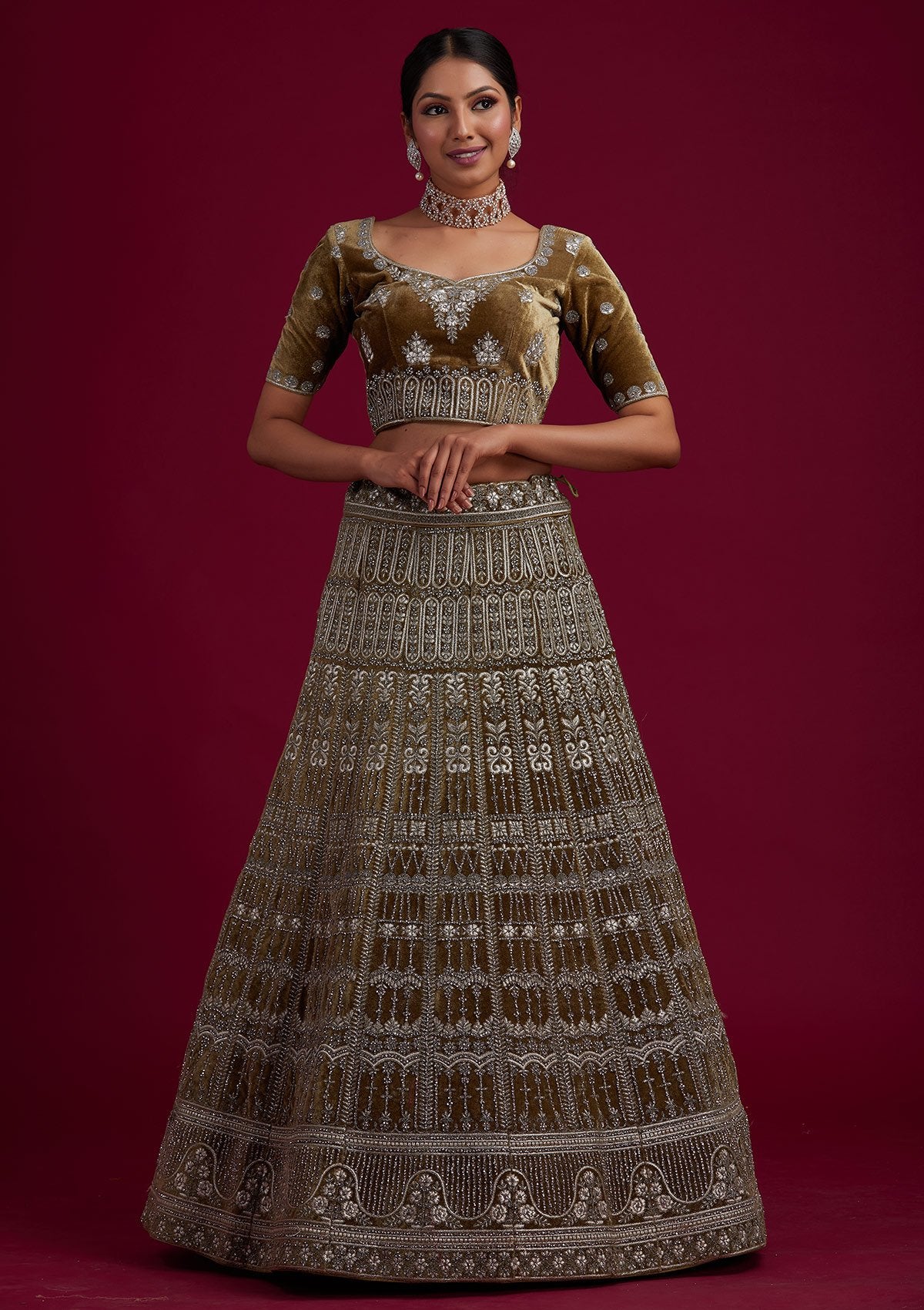 Mehendi Silver Stonework Velvet Designer Semi-Stitched Lehenga - koskii