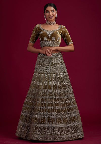 Mehendi Silver Stonework Velvet Designer Semi-Stitched Lehenga - koskii