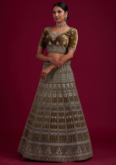 Mehendi Silver Stonework Velvet Designer Semi-Stitched Lehenga - koskii