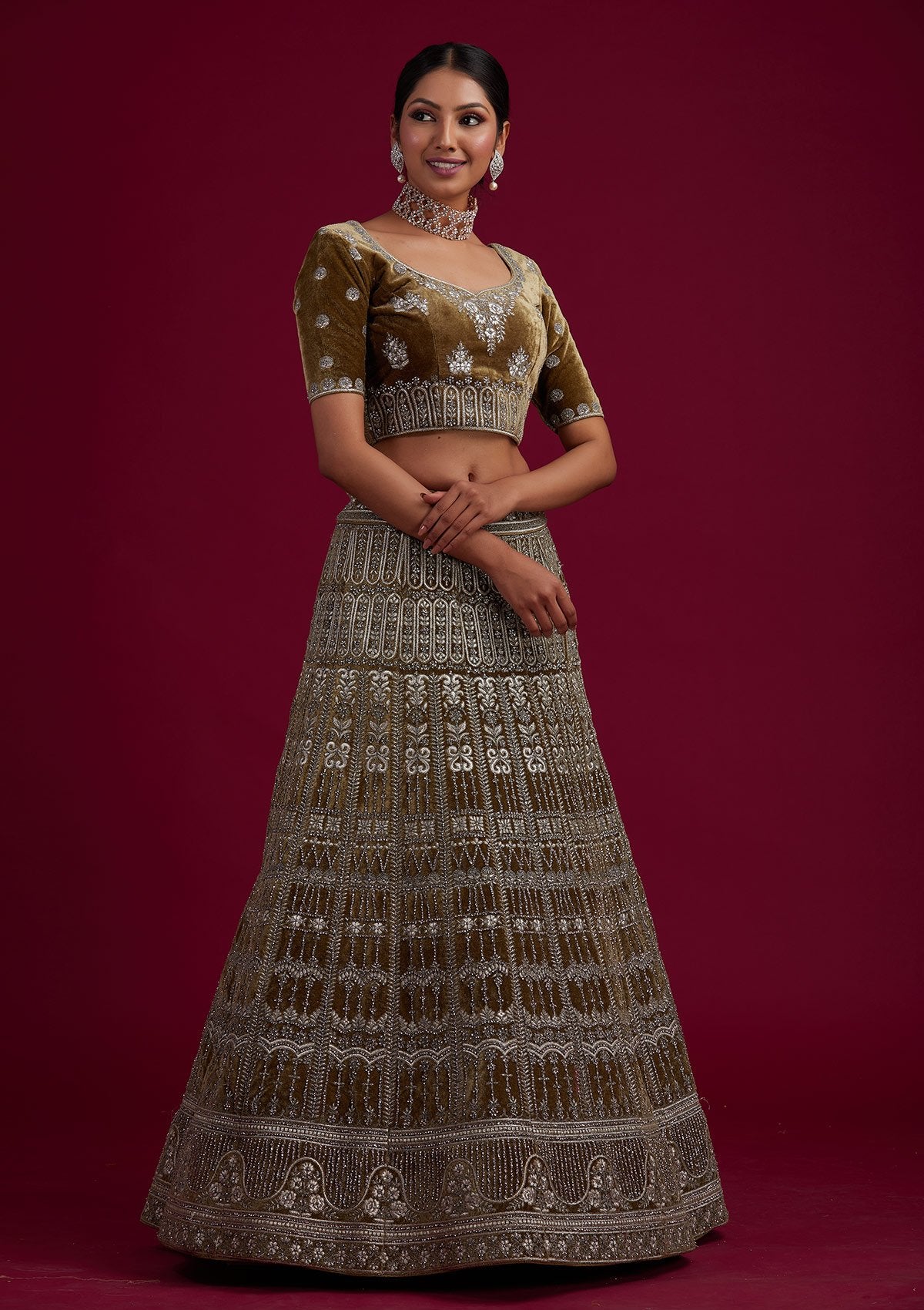 Mehendi Silver Stonework Velvet Designer Semi-Stitched Lehenga - koskii