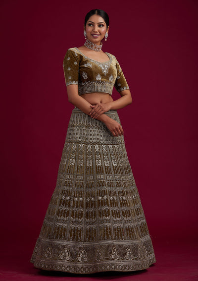 Mehendi Silver Stonework Velvet Designer Semi-Stitched Lehenga - koskii