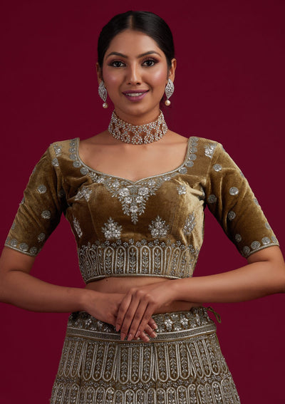 Mehendi Silver Stonework Velvet Designer Semi-Stitched Lehenga - koskii