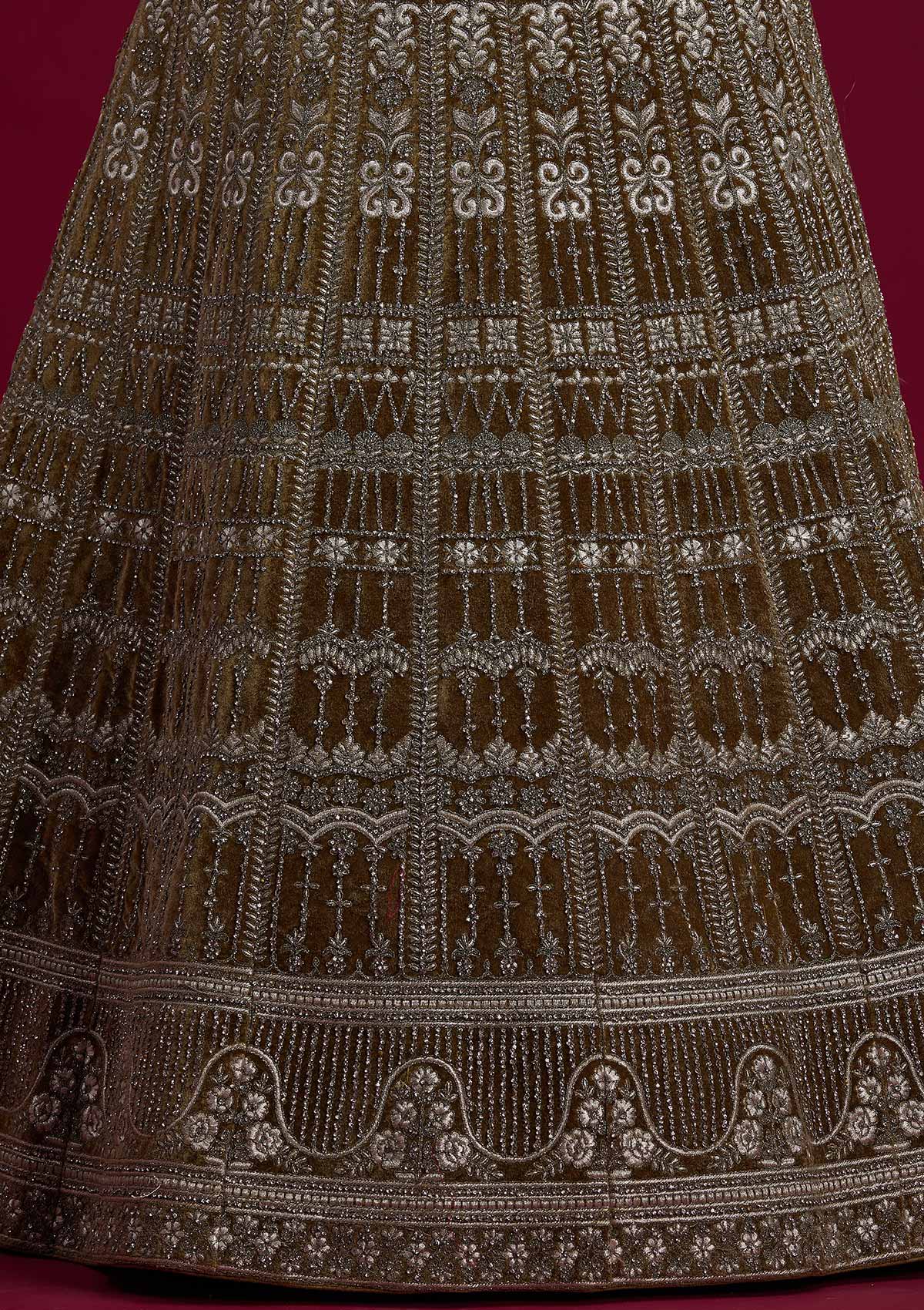 Mehendi Silver Stonework Velvet Designer Semi-Stitched Lehenga - koskii
