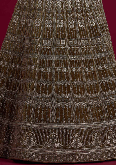 Mehendi Silver Stonework Velvet Designer Semi-Stitched Lehenga - koskii