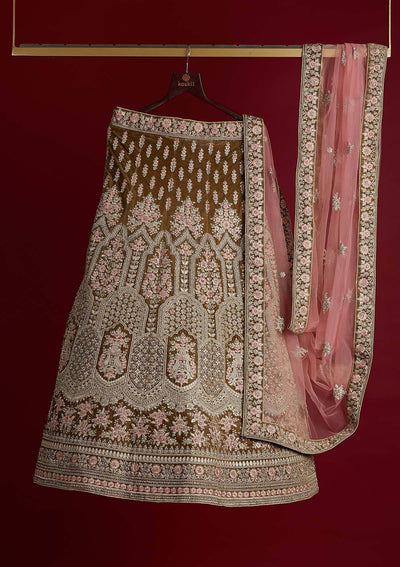 Mehendi Silver Stonework Velvet Designer Semi-Stitched Lehenga - koskii
