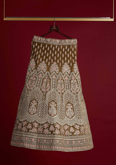 Mehendi Silver Stonework Velvet Designer Semi-Stitched Lehenga - koskii
